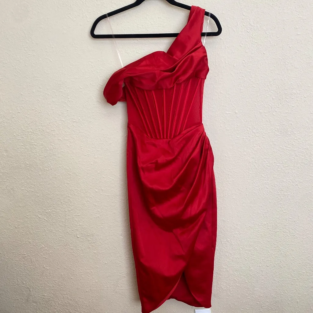 House of CB "Lulu" Red Asymmetric Drape Midi Corset Dress NWOT‎ size M - Image 5