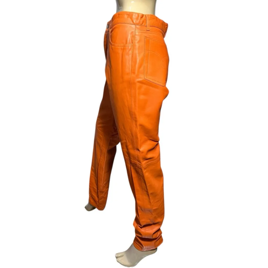 Ralph Lauren Purple Label Vintage 12 Bright Orange Leather High Rise Jeans Pants - Image 4