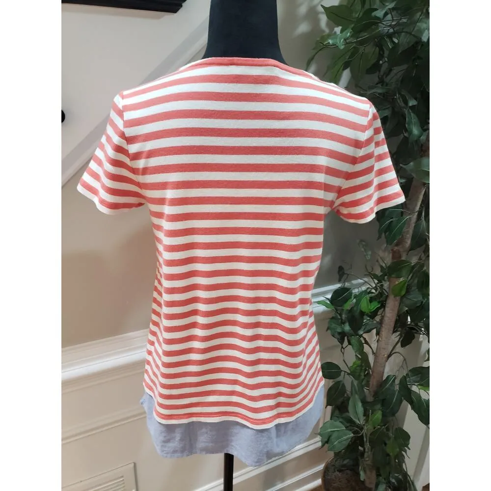 Tommy Hilfiger T-Shirt Women's Medium Red Striped Cotton Regular Fit Slit Hem - Image 4