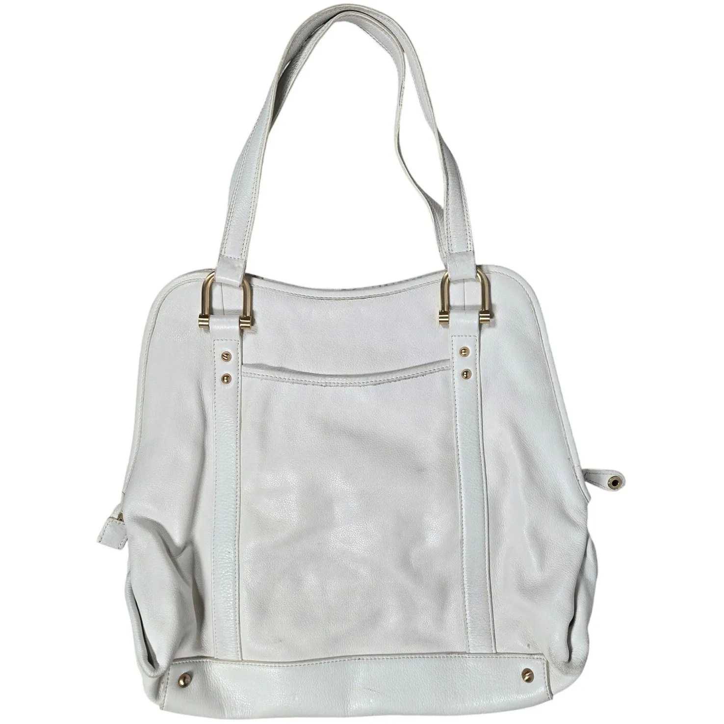 Tahari White Leather Ruffle Accent‎ Tote Bag Shoulder Bag Gold Hardware Dome - Image 2