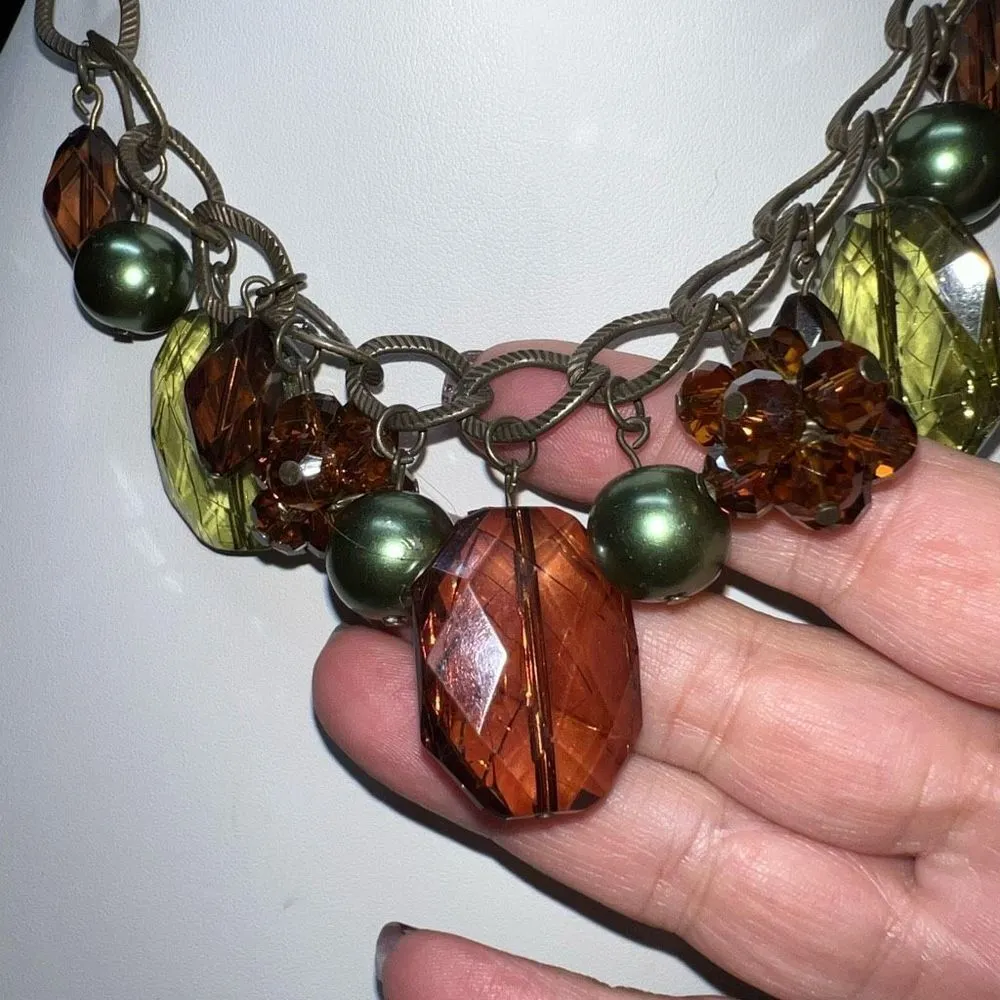 Burnished Gold Tone and Chunky Crystal Necklace Green - Image 5