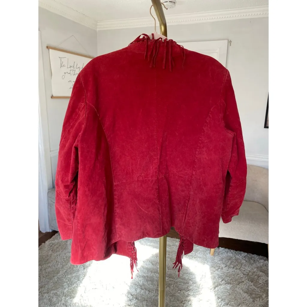 Dialogue Red Leather Fringe Jacket 1X Boho Western Quiet Luxury Festival Suede - Image 3