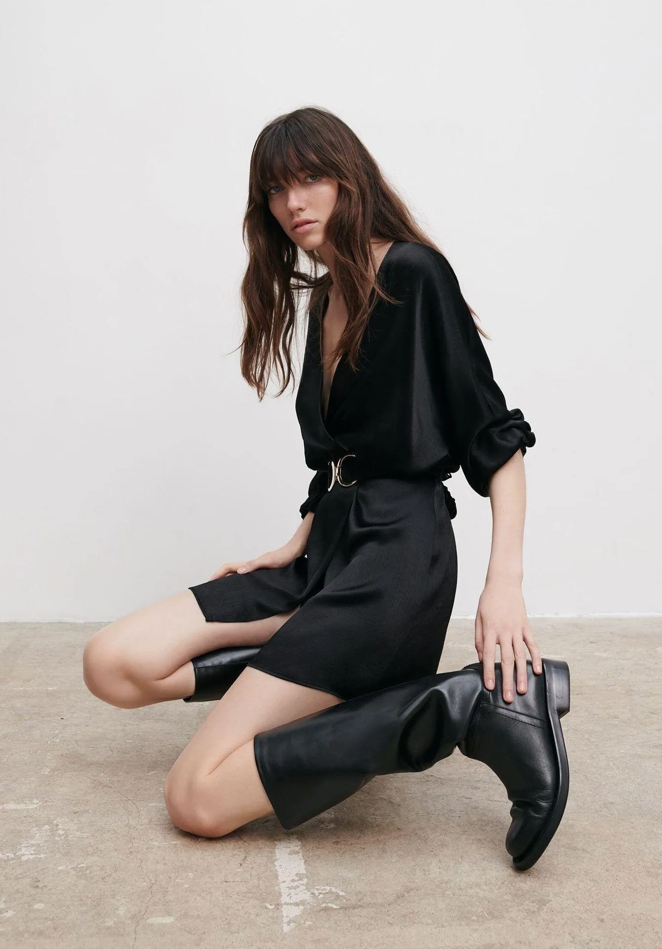 Black Belted Satin Effect Mini Wrap Dress - Image 3