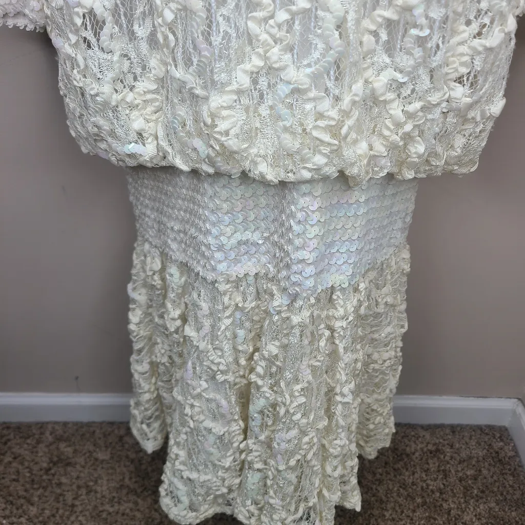 Vintage Damianou 80s Cream Lace Ribbon &‎ Sequined Flapper Blouson Dress M Black Size M - Image 3