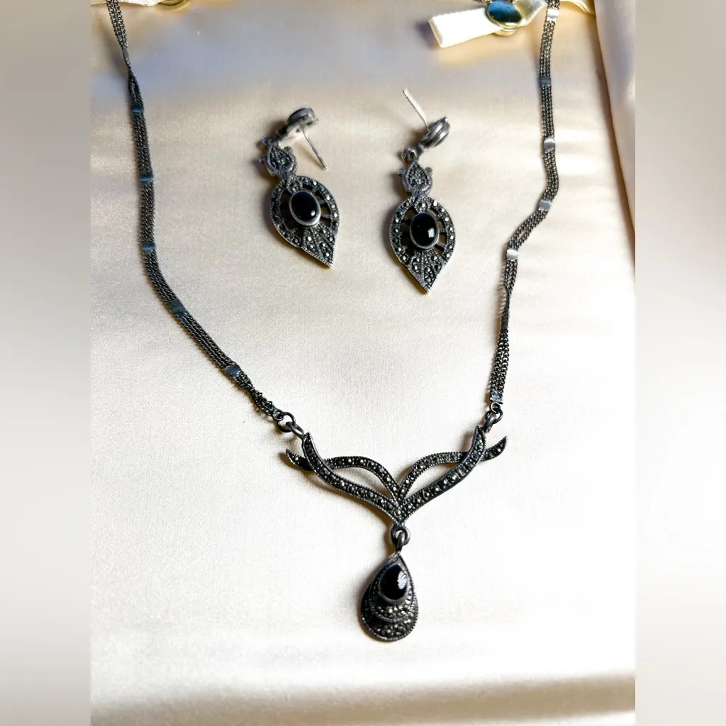 Vintage Marsala Co Sterling Marcasite Necklace and Earring Set Black - Image 2
