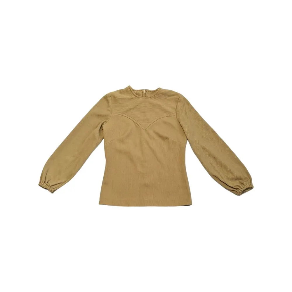 Vintage 70s Fenton Puff Sleeve Blouse High Neck Tan Brown Back Zip Single Stitch Size M - Image 2