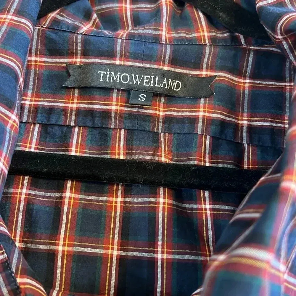 Timo Weiland Plaid Checkered Button Down Big Collar Career Work Layering Preppy Blue - Image 10