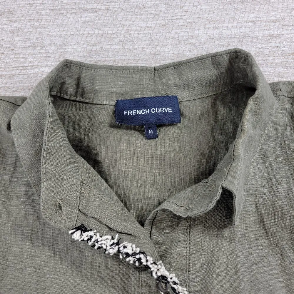 French Curve Linen Dress Womens Medium Olive Green Fringe Trim Pockets Casual - Image 2