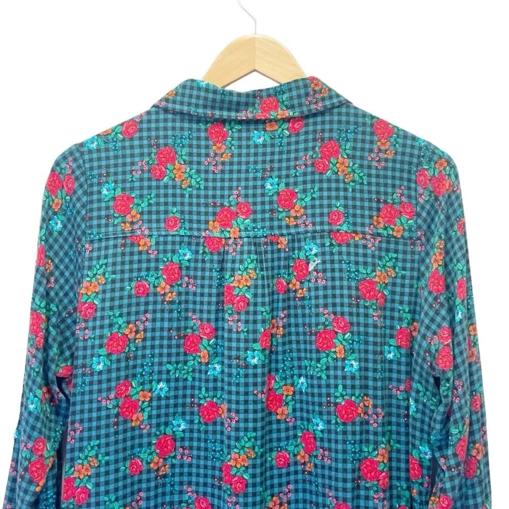 Matilda Jane Fa La La Teal Gingham Red Yellow Floral Shirt Dress Size Medium - Image 5