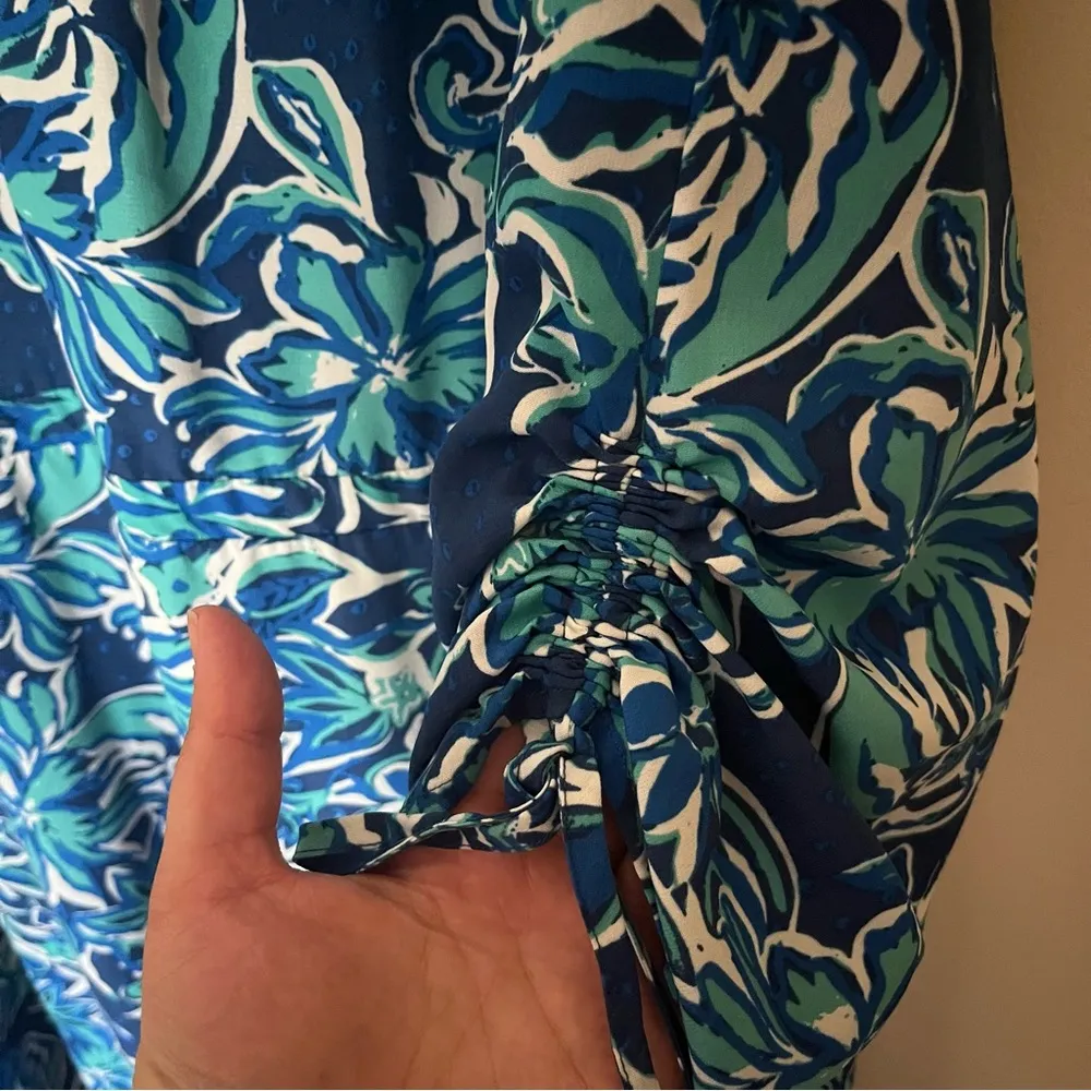 Molly & Isadora Keene Ruched Sleeve Dress Blue Tropical Knee Length Size 4X - Image 5