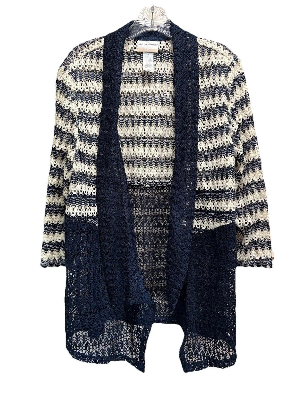 Alfred Dunner Crochet Open Navy/Cream Striped Cardigan Size 2XL 3/4 Sleeve - Image 1