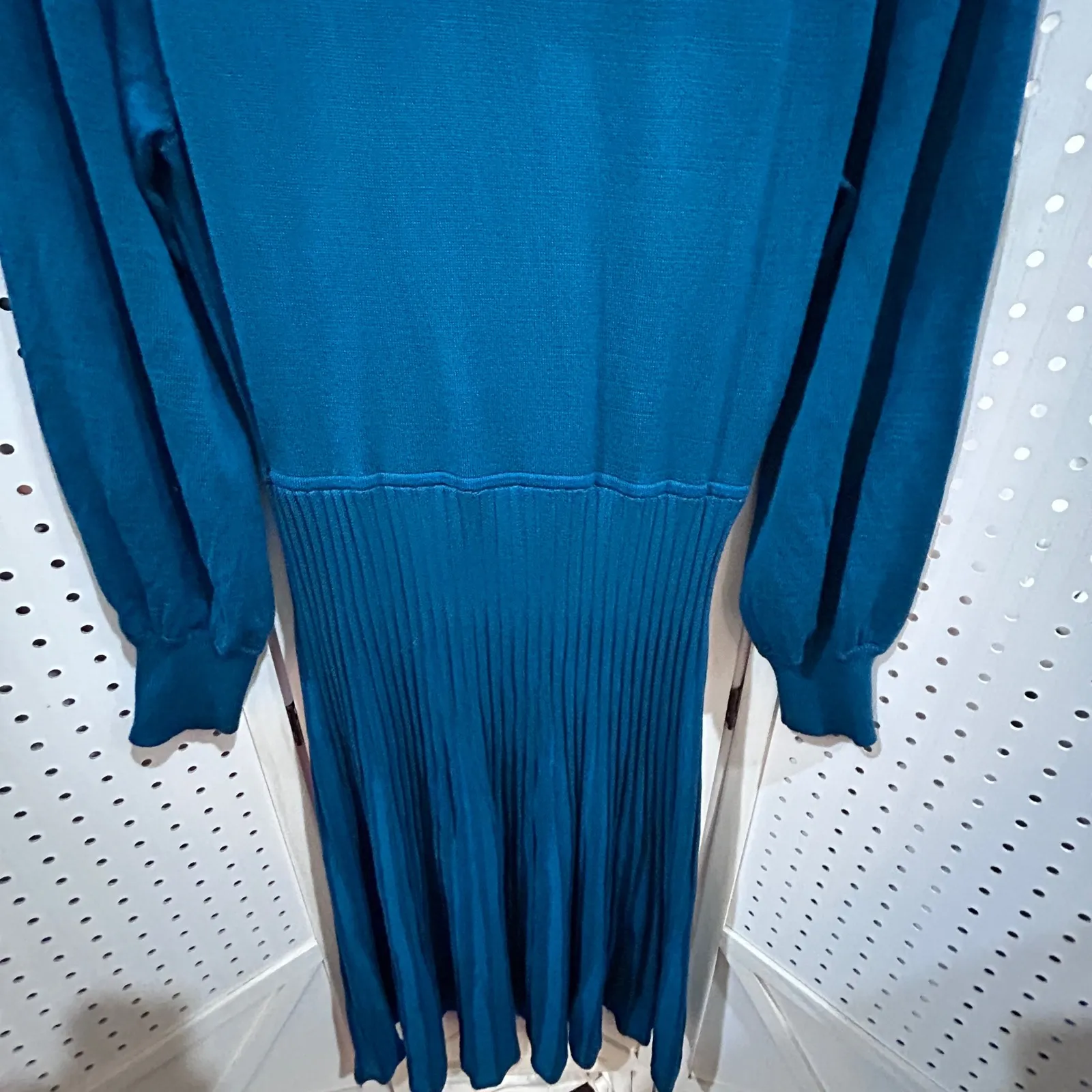 Ninal Leonard Teal Knit Mock Neck Sweater Dress Ribbed Midi Long Sleeve Size L Blue Size L - Image 10