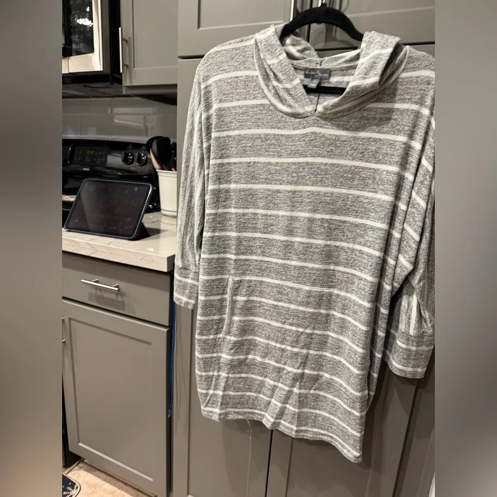 Market & Spruce Gray White Striped Cowl Neck Hoodie Pullover Kangaroo Pocket XL - Image 5