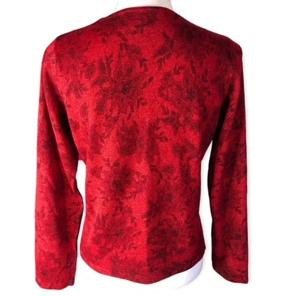 Villager by Liz Claiborne Floral Metallic Long Sleeve Pullover Sweater Red - Image 3