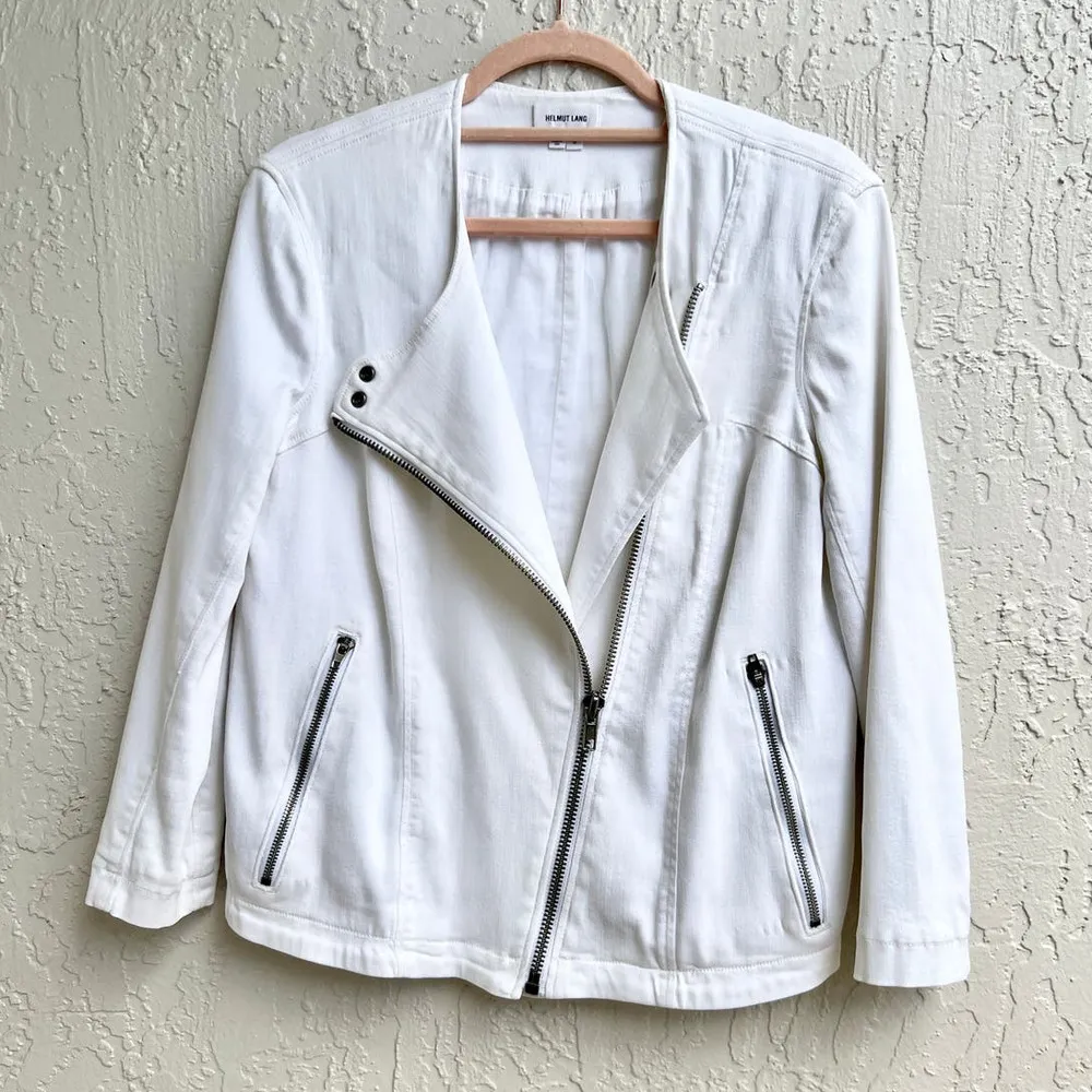 Helmut Lang 3/4 Sleeve Asymmetrical Zip Denim Moto Jacket White Women's Small - Image 5