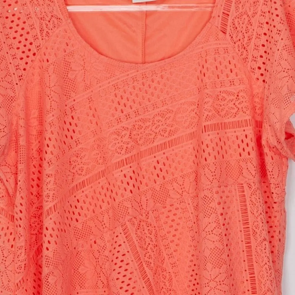 Cato Womens Floral Crochet Shark Bite Top Size 18/20W Orange Short Sleeve Summer - Image 3