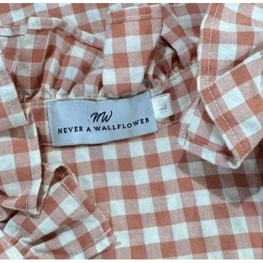 Never A Wallflower Womens Top Brown Ruffle High Neck Plaid Short Sleeve Large - Image 3