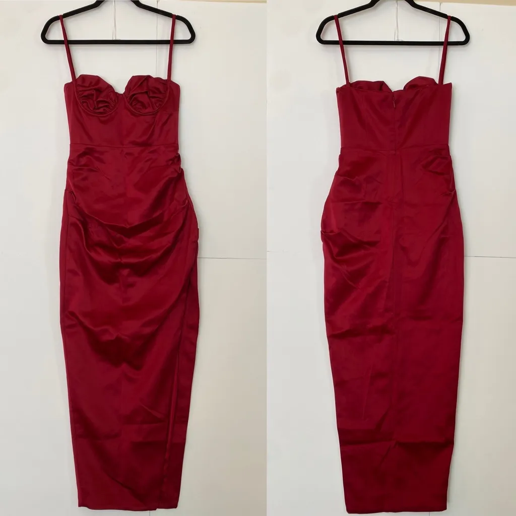 House of CB XS D-DD  ‎ “Flora” Pleated Satin Midi Wine Dress NWOT - Image 11