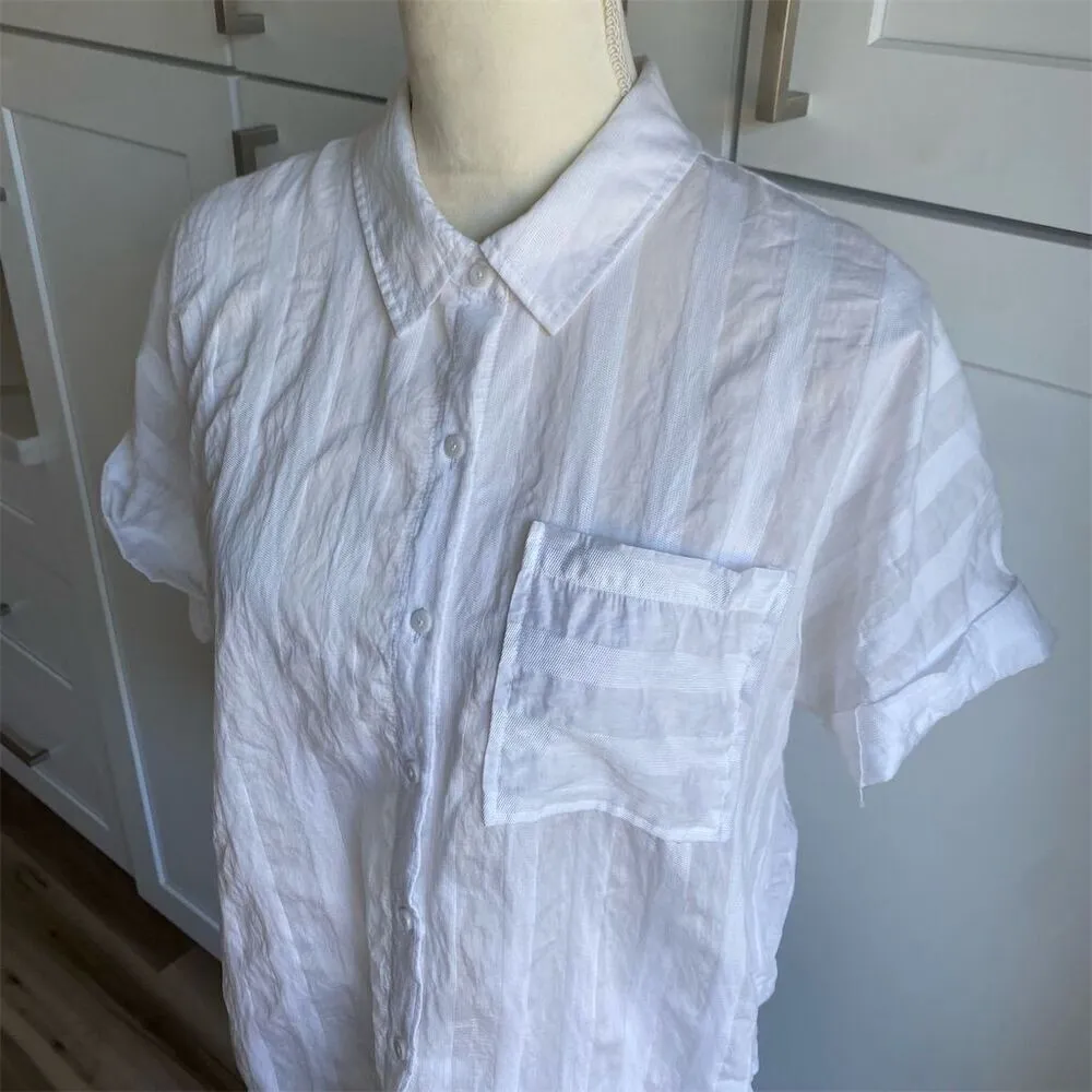 Tribal Women's M White Striped Button-Up Shirt Short Sleeve - Image 2