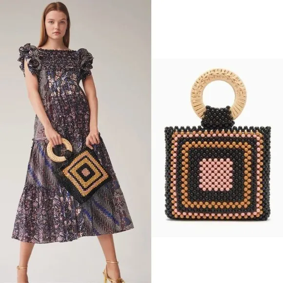 Wicker Straw Wood Ring Beaded Square Tote Bag Purse Urban Expressions - Image 2