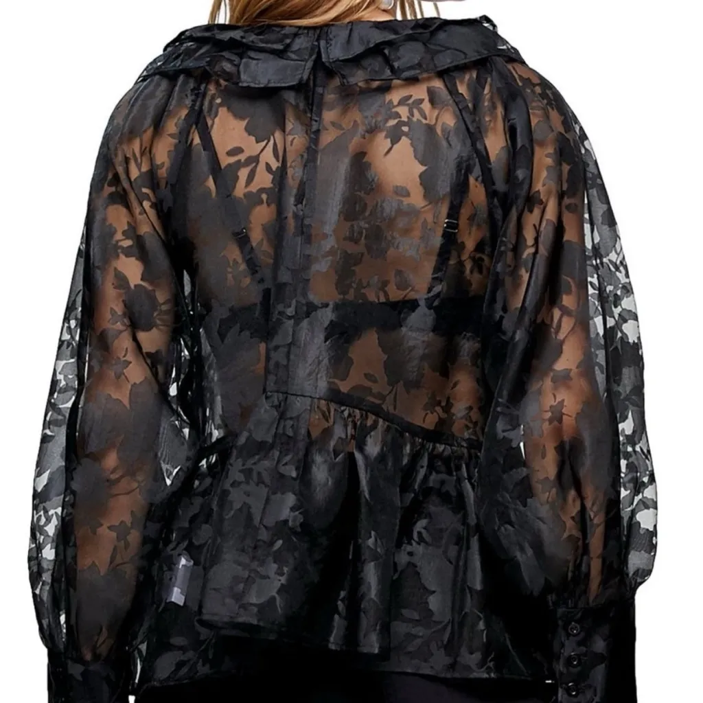 Topshop Black Sheer Floral Ruffle Neck Organza Long Sleeve Top Size 4 - Image 3