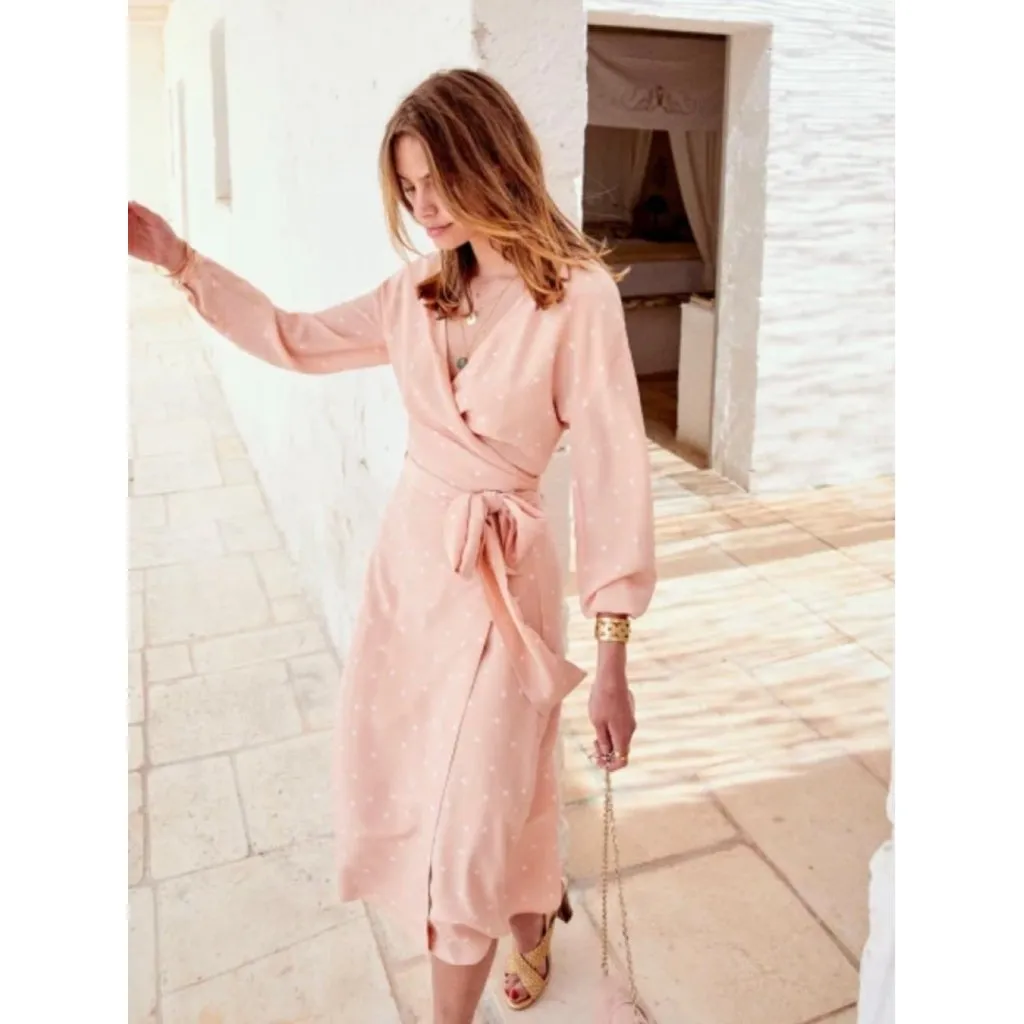 NWT Sezane LAURETTE midi DRESS Pea Powder Pink polka dot silk SZ44 US12 BUST43 Size 12 - Image 2