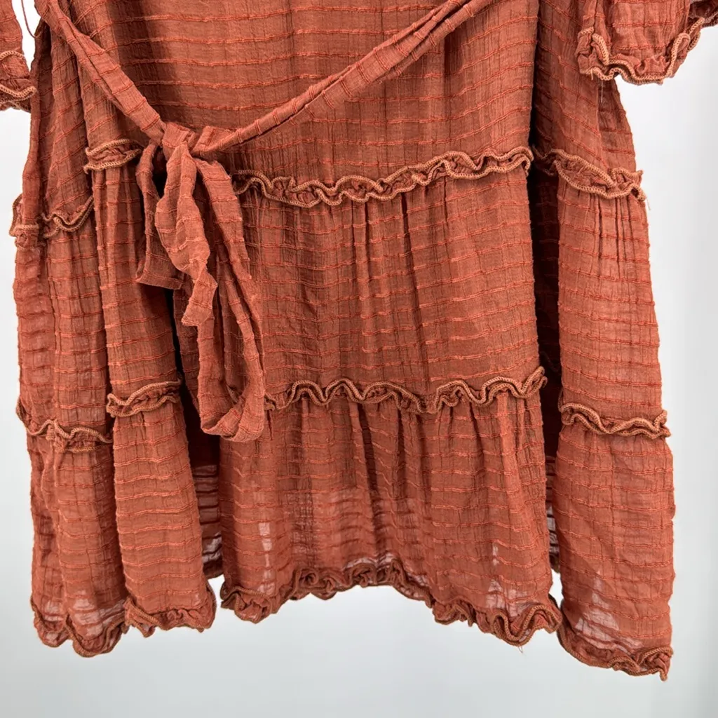 Entro Terracotta V-Neck textured tiered lined Dress S rust puff long sleeve - Image 5