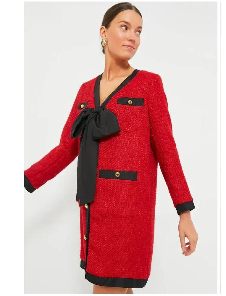 Tuckernuck Pomander Place Red Coco Tweed Bow Dress Size L - Image 2