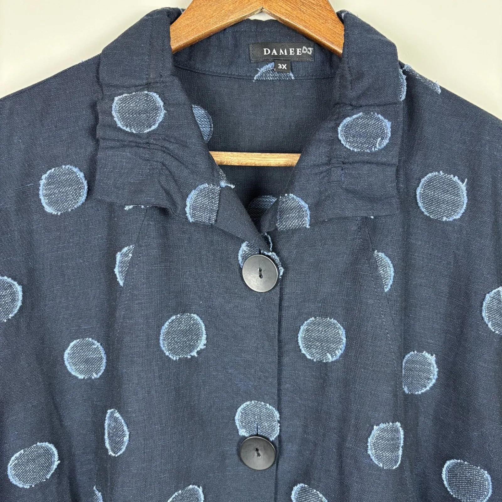 Damee‎ Jacket Topper Womens 3X Navy Blue Polka Dot Button Up 3/4 Sleeve Artsy - Image 3