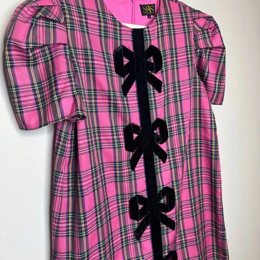 SSYS Everly Velvet Bow Trim Puff Sleeve Shift Dress Pink Tartan Women's Large - Image 3