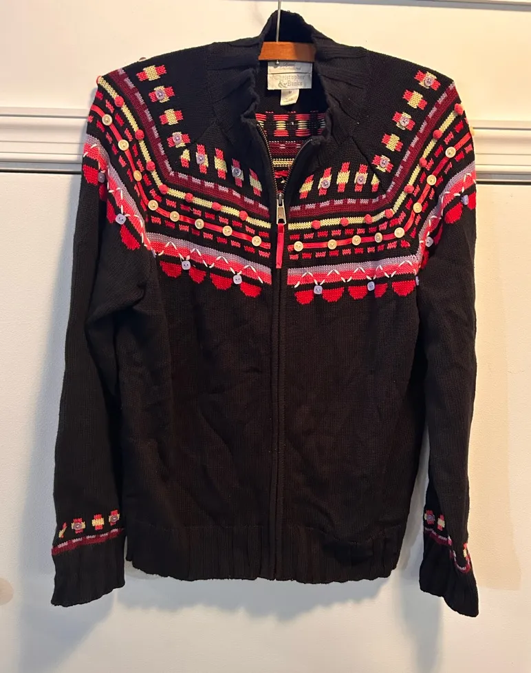 Christopher & Banks Sweater Women's M Black Hand Embroidered Colorful Cardigan - Image 1