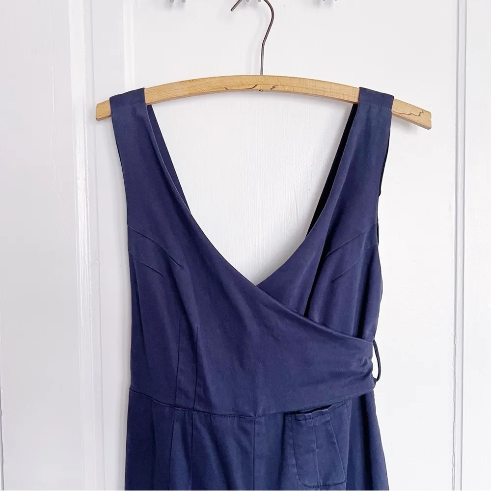 Anthropologie • Chino Jumpsuit navy blue wide leg wrap tie waist stretch twill - Image 4