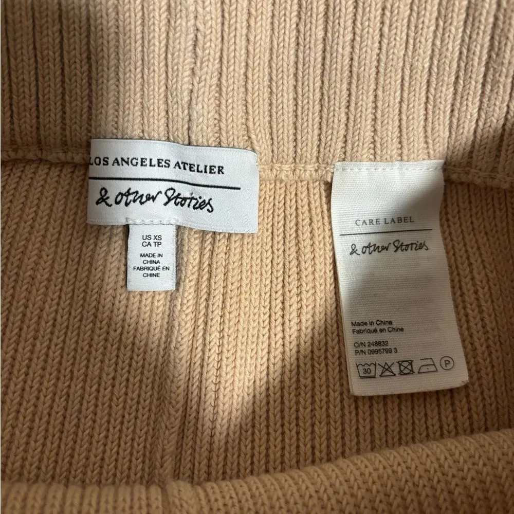 & Other Stories Ribbed Cotton Knit Shorts Oatmeal High Waist Drawstring- Size XS - Image 8