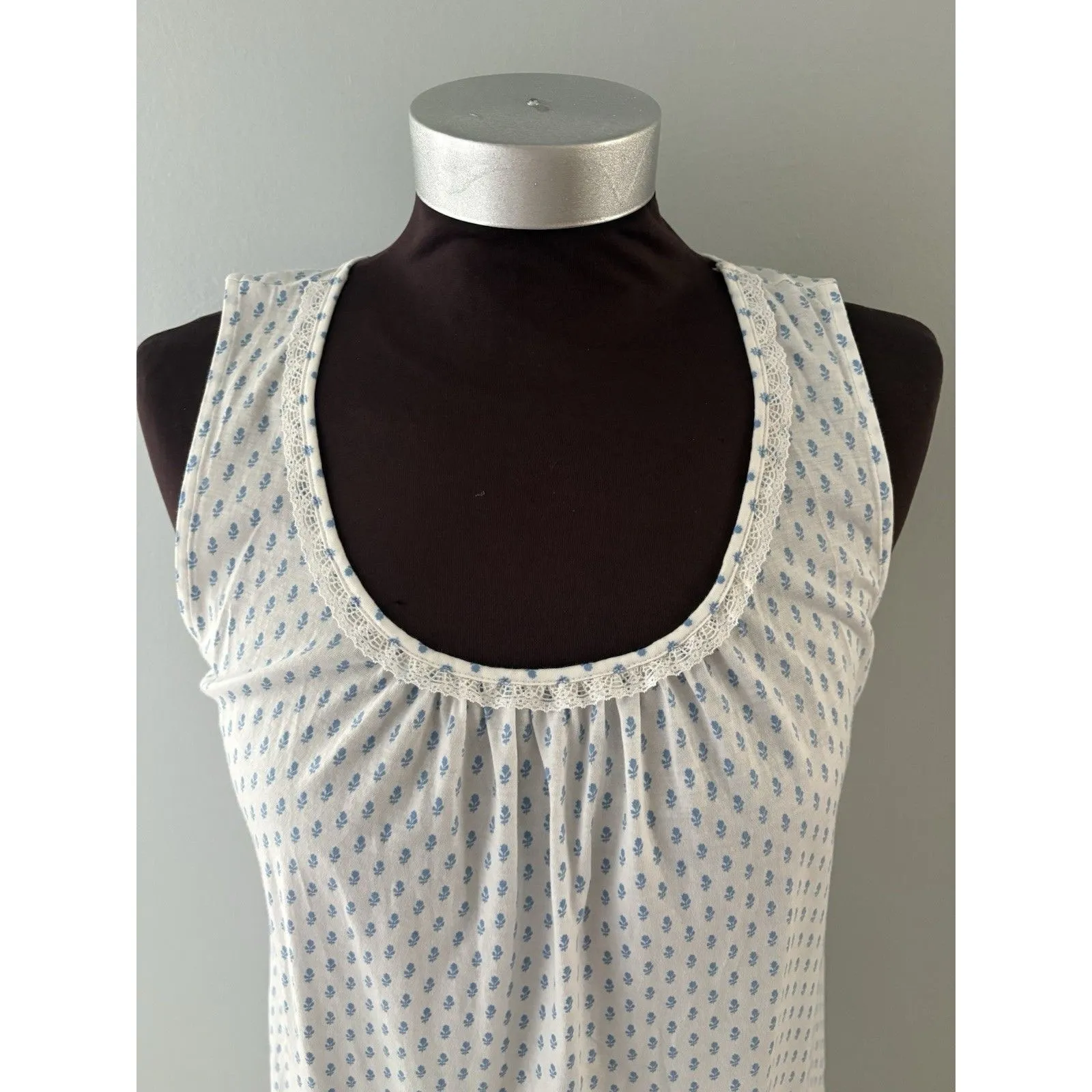 P. Jamas Pima Cotton Night Gown XS White Blue Floral Cottagecore Prairie Trad - Image 2