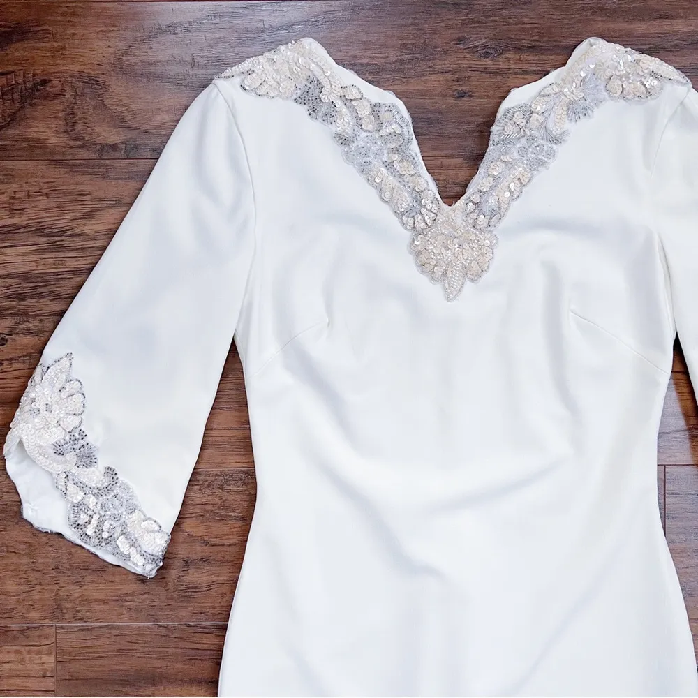 Dress The Population • bell sleeve mini dress cream crepe shift beaded sequin - Image 2