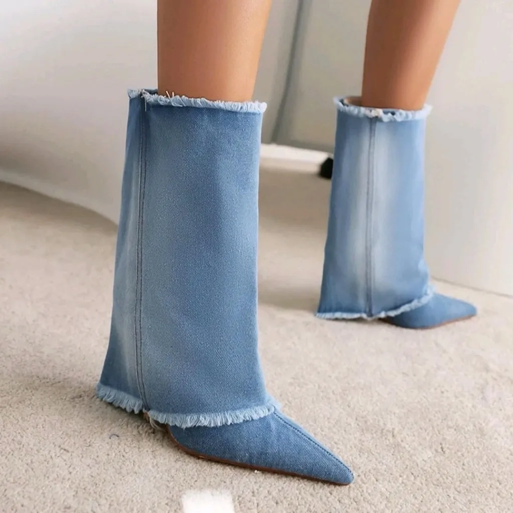 Reitoye Women's 7 Denim Studded Knee High Boots 3.5 Inch Heel. Blue - Image 2
