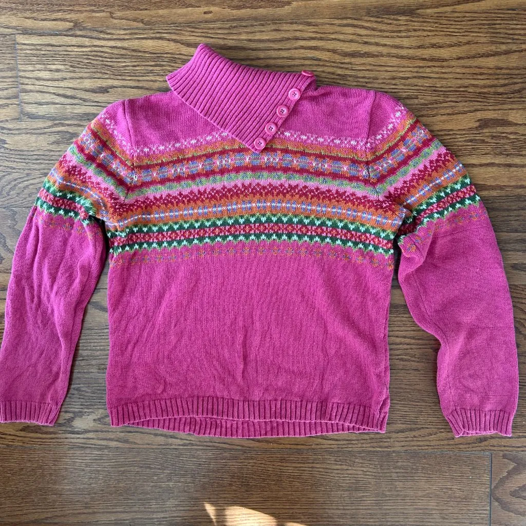 Vintage 90s Tiara Pink Fair Isle Turtleneck Sweater Button Collar Size Medium - Image 10