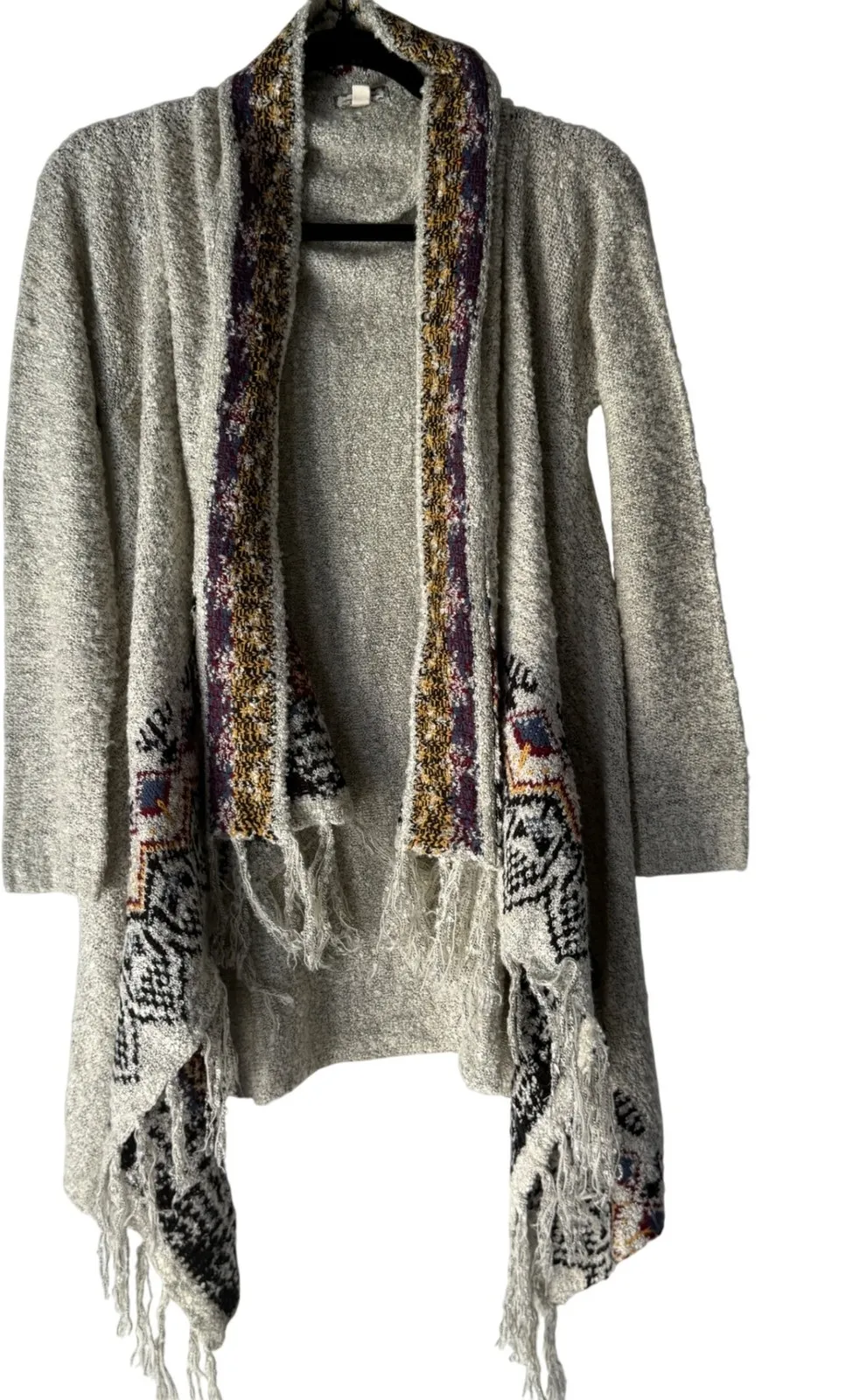 Eyeshadows Boho Geometric Fringe Kimono Cardigan Sweater Women's Small Western Gray - Image 1
