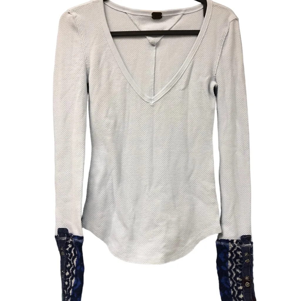 WE THE FREE‎  people SZ XS BLUE WAFFLE KNIT V-NECK SWEATER CUFF SLEEVE BOHO TOP - Image 6