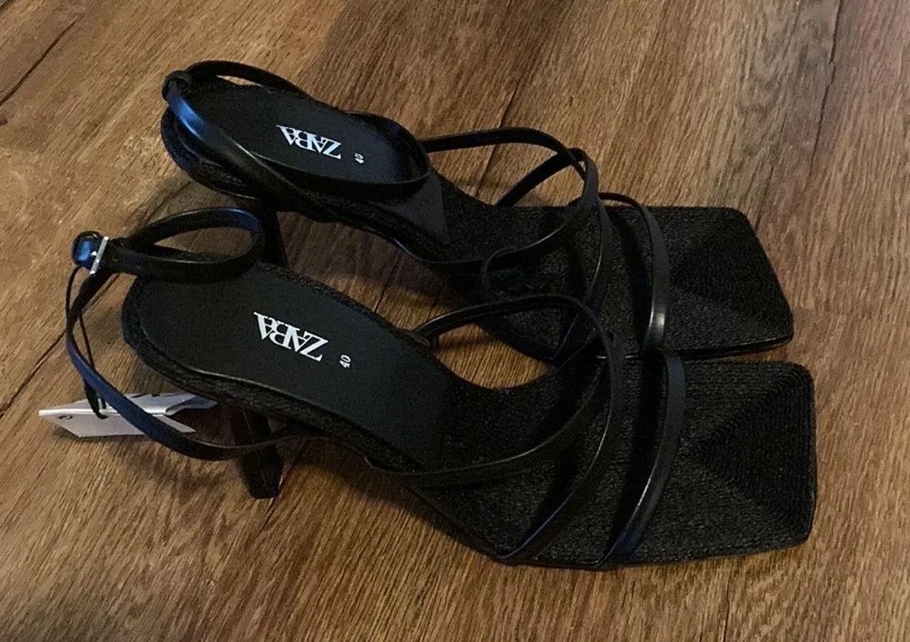 Zara Black Heeled Leather Sandals With Jute Insole Size 40 US9 - Image 11