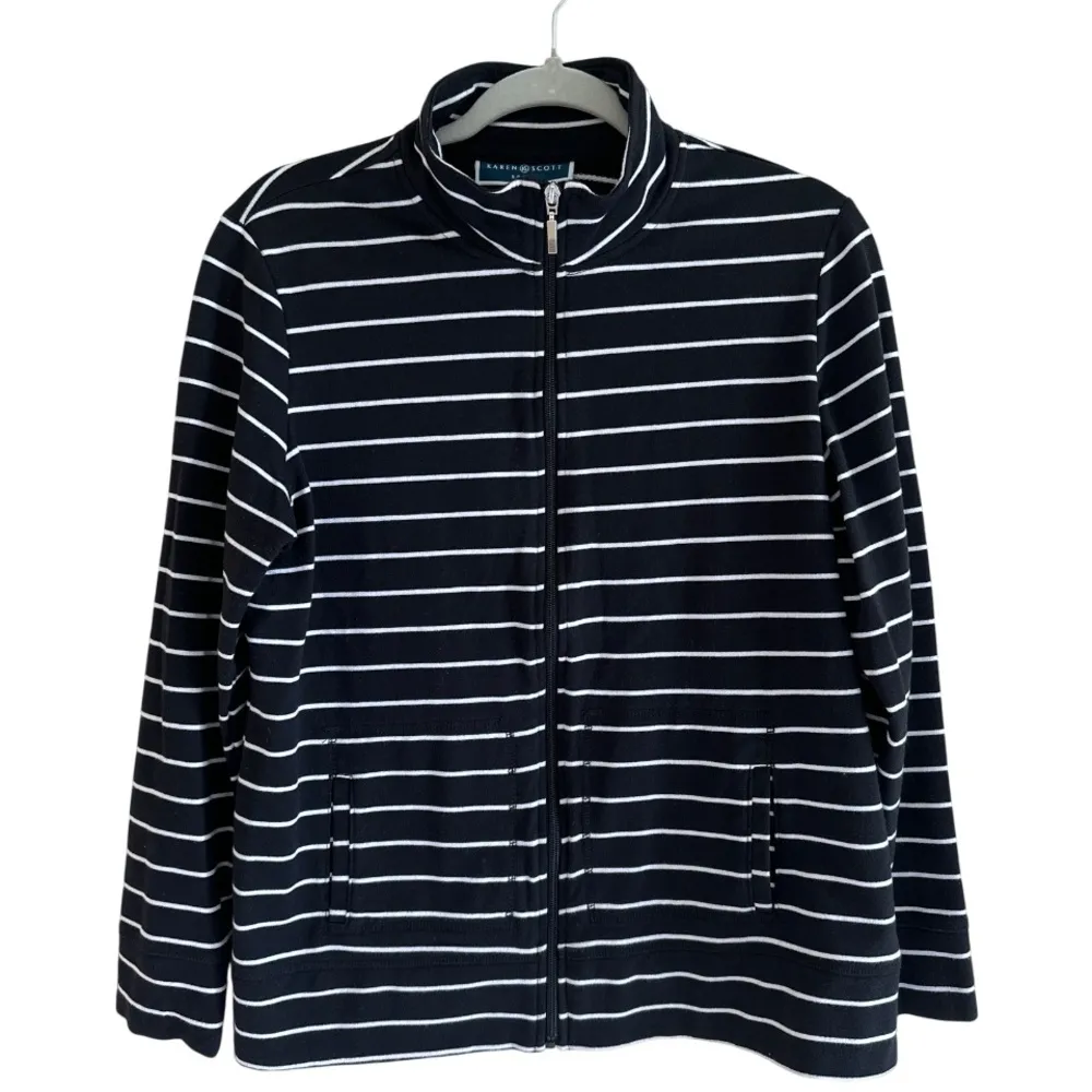 Karen Scott Womens M Full Zip Up Cotton Blend Jacket Black Stripped Activewear - Image 1