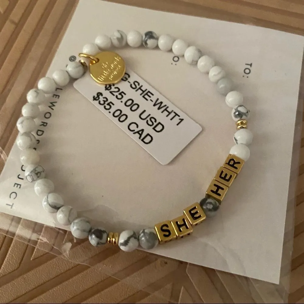 Little Words Project Bracelet She Her Stretch Beaded Gold Marble Neutral Casual White - Image 5