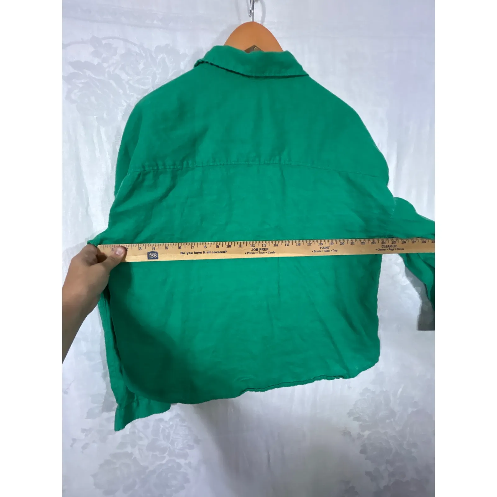 Rachel Zoe Button Up XL Kelly Green 100% Linen Cropped Long Sleeve Boxy - Image 9