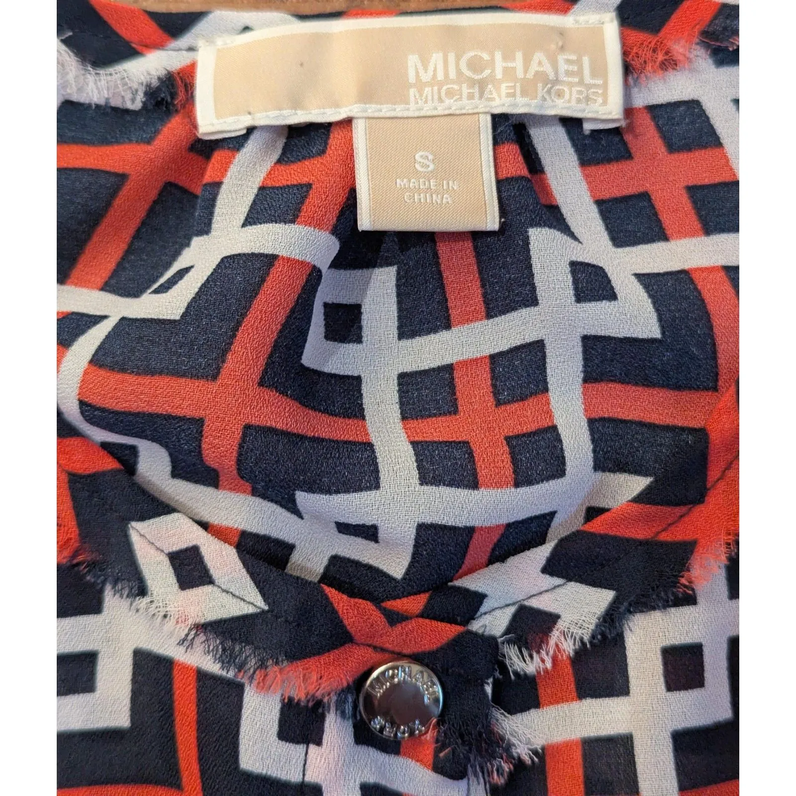 MICHAEL Michael Kors S Orange Navy White Geometric Print Blouse - Image 2