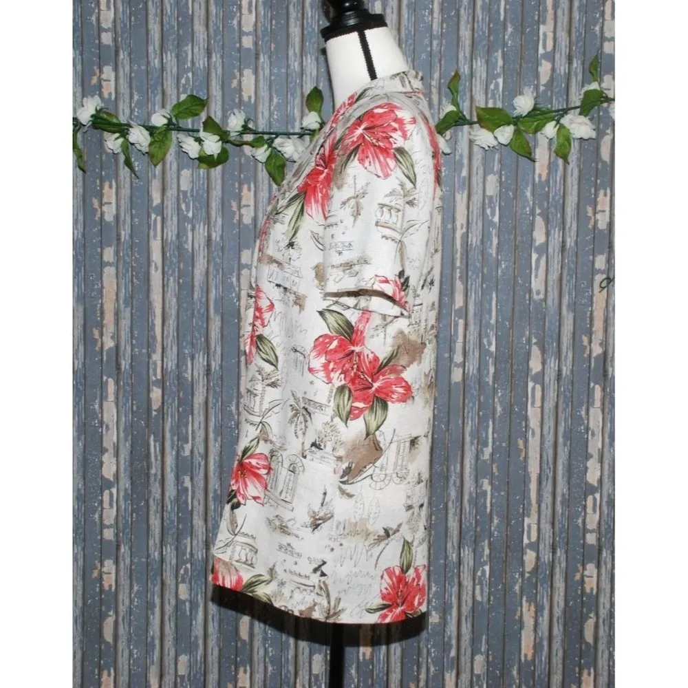 Tofy Tan Hawaiian Floral Jacket Size 8 Flax Blend Shoulder Pads Short Sleeves - Image 5