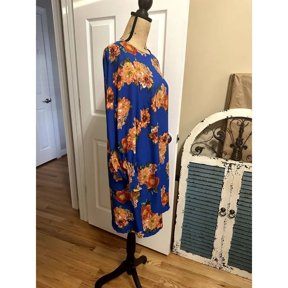 GIBSON LATIMER Women’s Shift Dress Size L  Blue Orange Floral Smocked Cuff Lined - Image 2