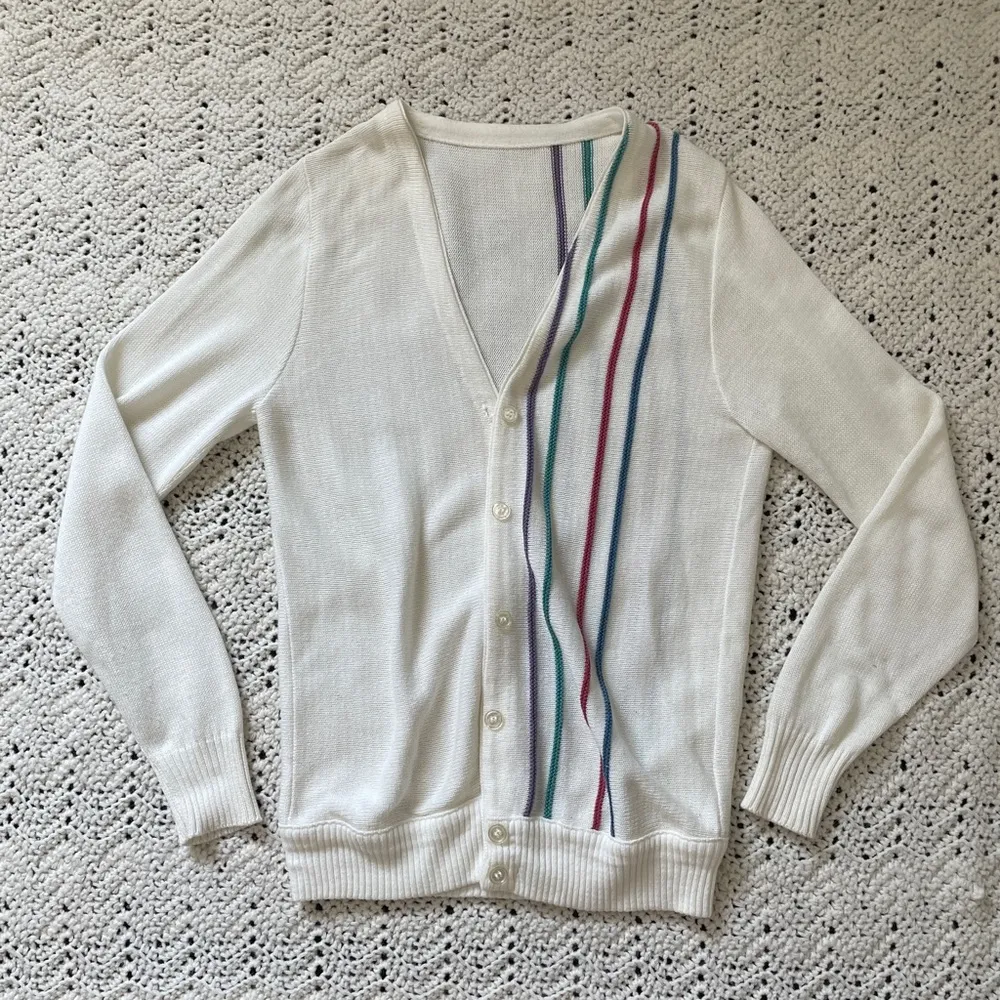 Vintage Rainbow Stripe Design V Neck Long Sleeve Cardigan Beige (Small) classic White - Image 5
