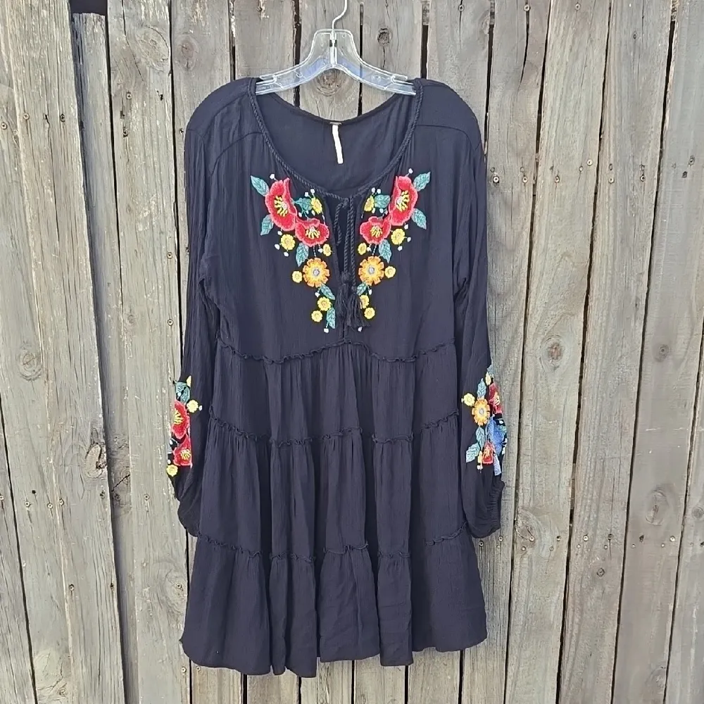 Free People Embroidered Black Dress - Image 3