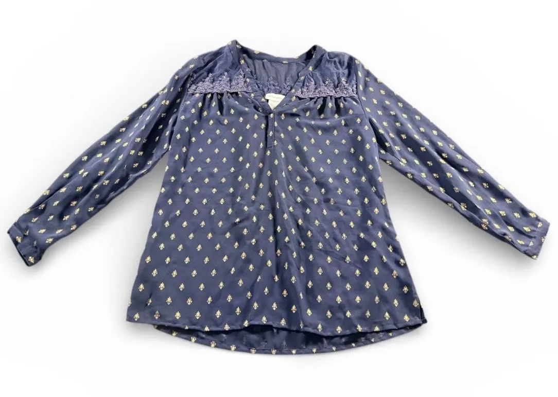 Soft Surroundings Navy Blue Gold Medallion Print Sheer Beaded Neckline Tunic M - Image 1