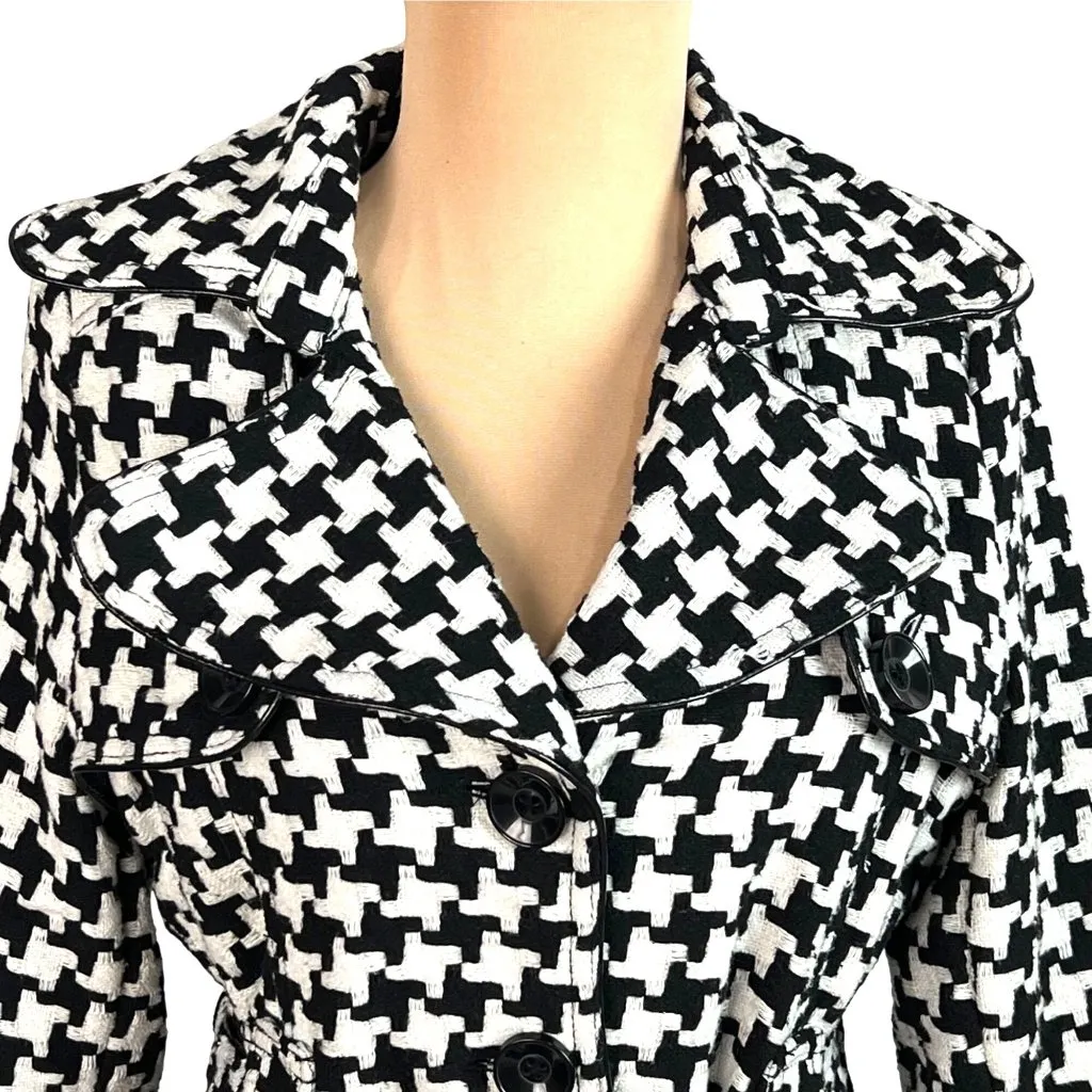 Me Jane Houndstooth Trench Coat Jacket Size S Wool Blend Black White - Image 3